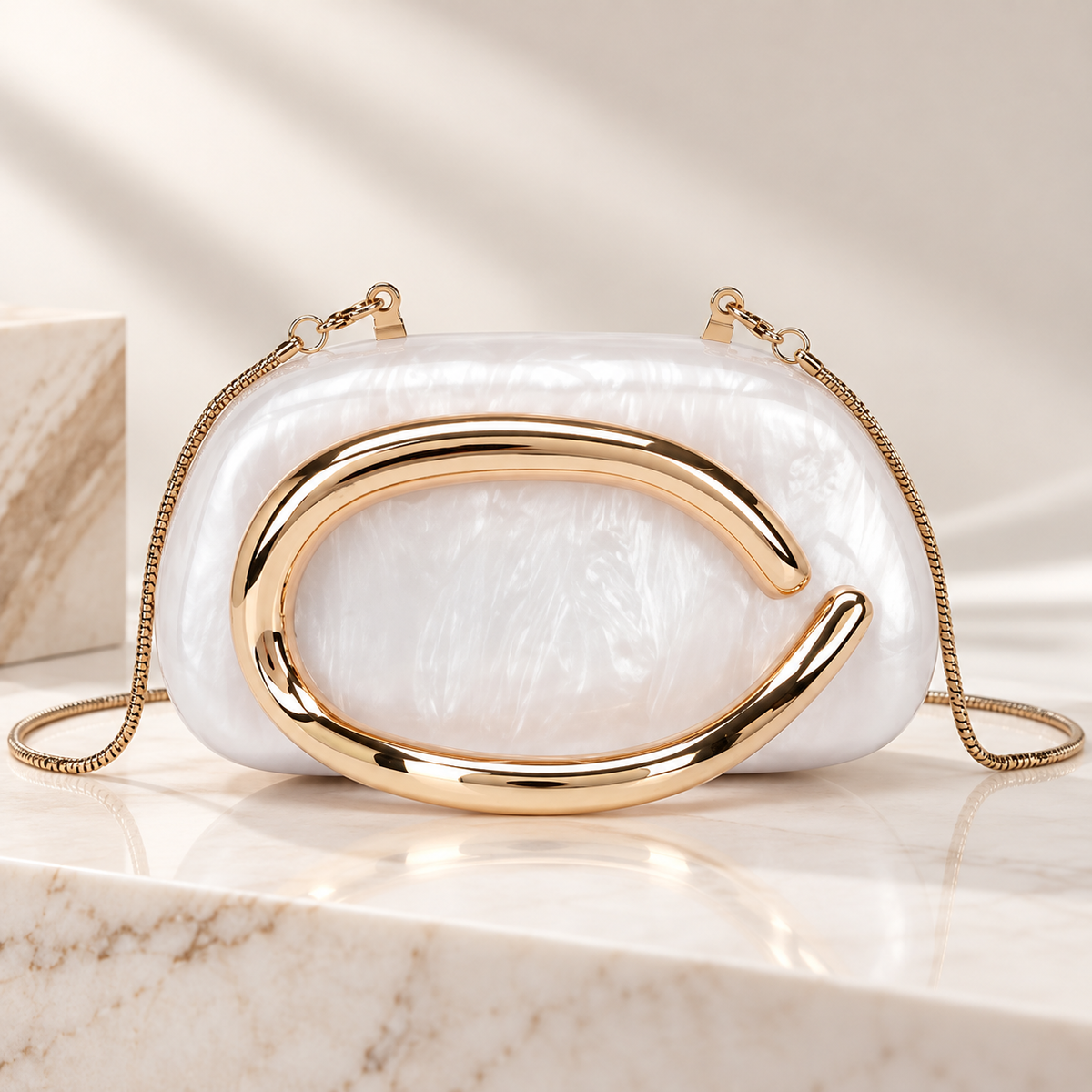 Florence Marbled Acrylic Evening Clutch with Sculptural Gold-Tone Handle