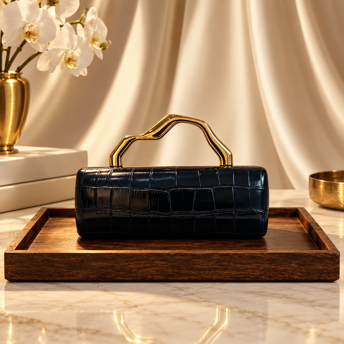 Francesca Croc-Embossed Evening Handbag with Sculptural Gold-Tone Handle