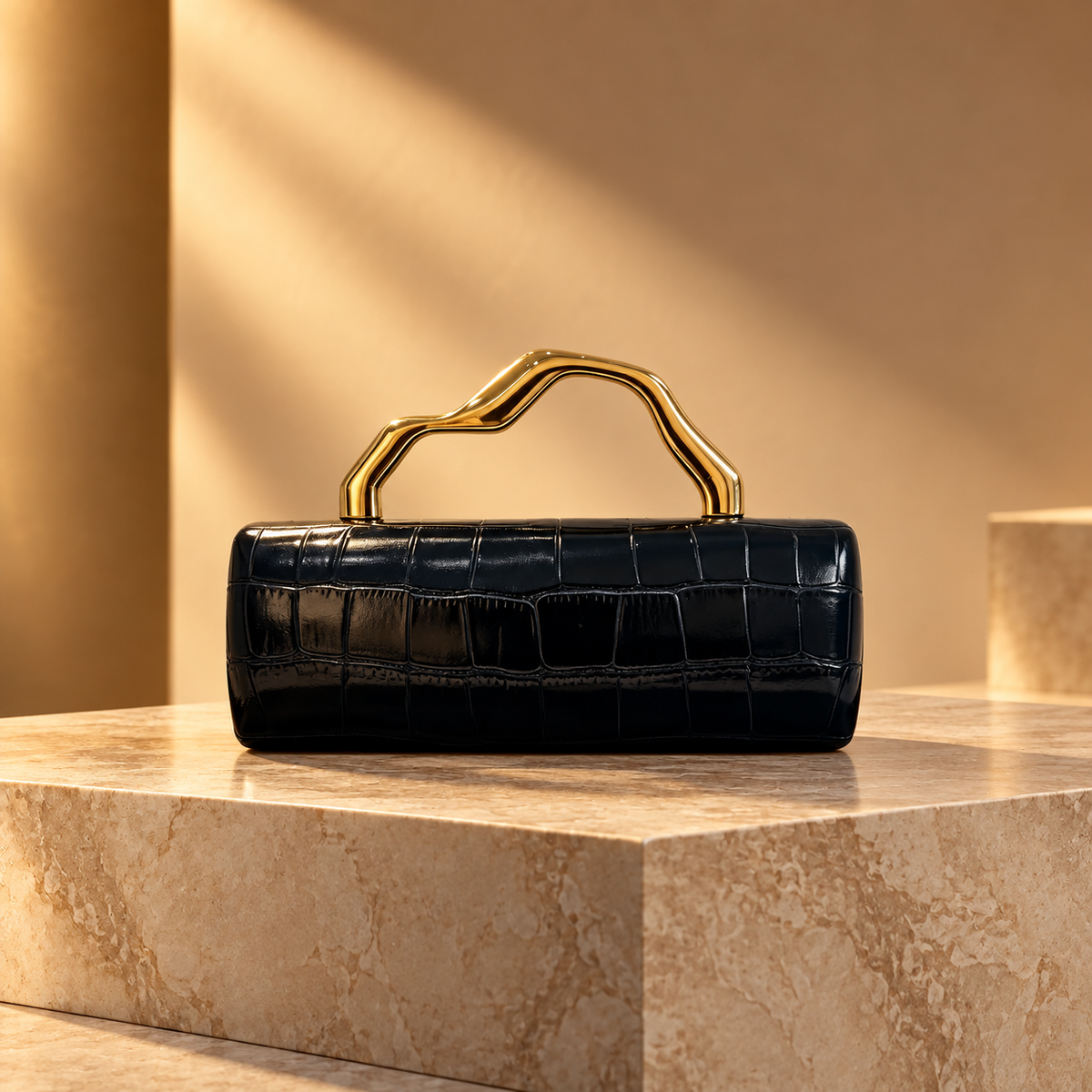 Francesca Croc-Embossed Evening Handbag with Sculptural Gold-Tone Handle