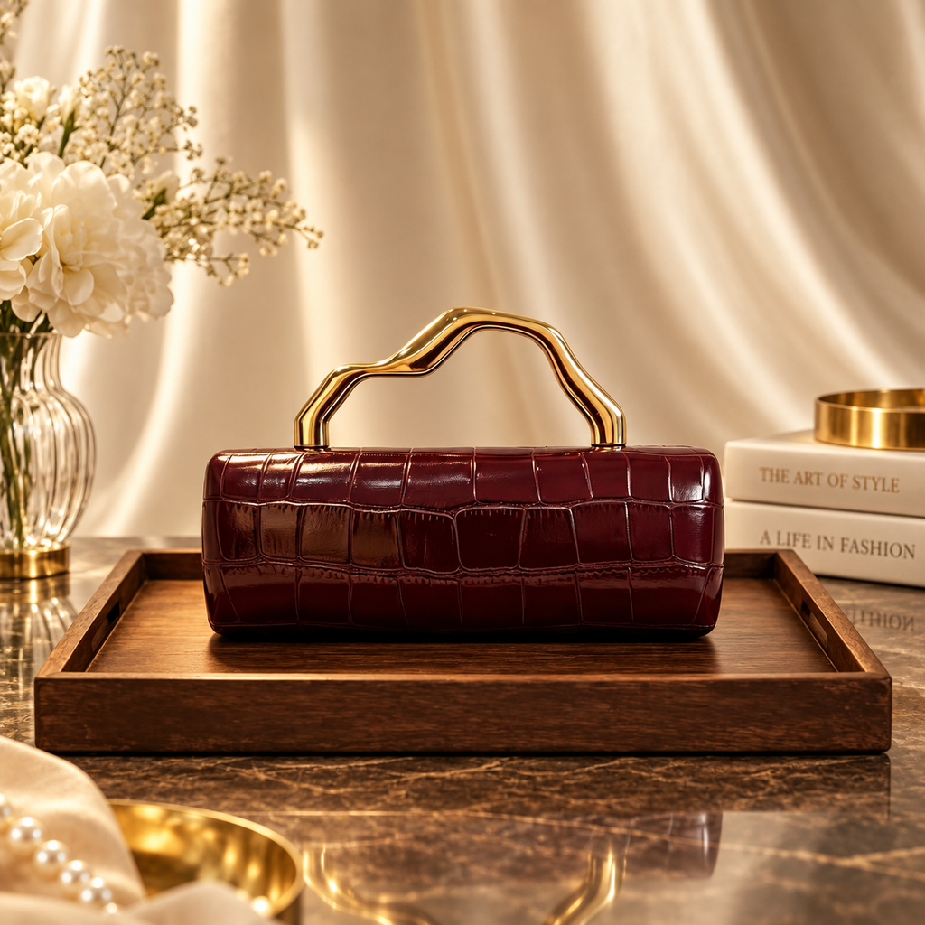 Francesca Croc-Embossed Evening Handbag with Sculptural Gold-Tone Handle