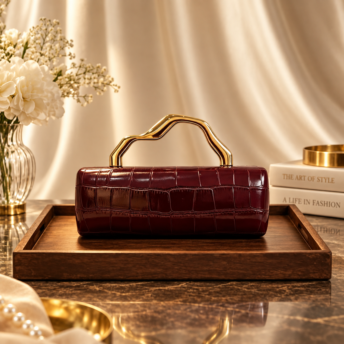 Francesca Croc-Embossed Evening Handbag with Sculptural Gold-Tone Handle