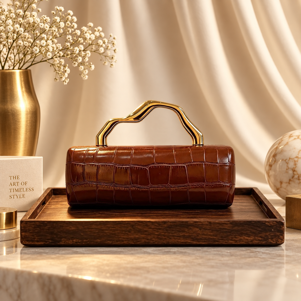 Francesca Croc-Embossed Evening Handbag with Sculptural Gold-Tone Handle