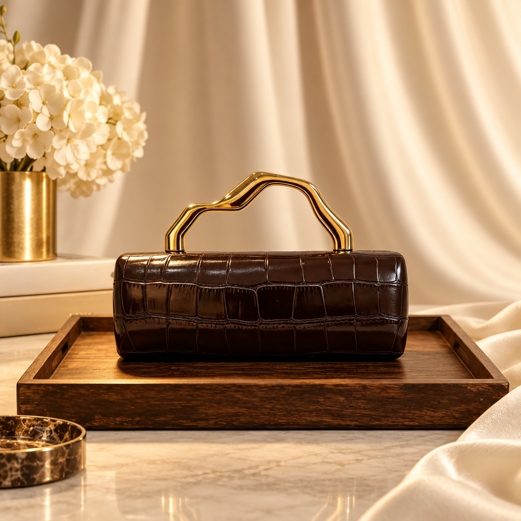 Francesca Croc-Embossed Evening Handbag with Sculptural Gold-Tone Handle