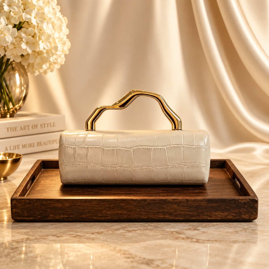 Francesca Croc-Embossed Evening Handbag with Sculptural Gold-Tone Handle