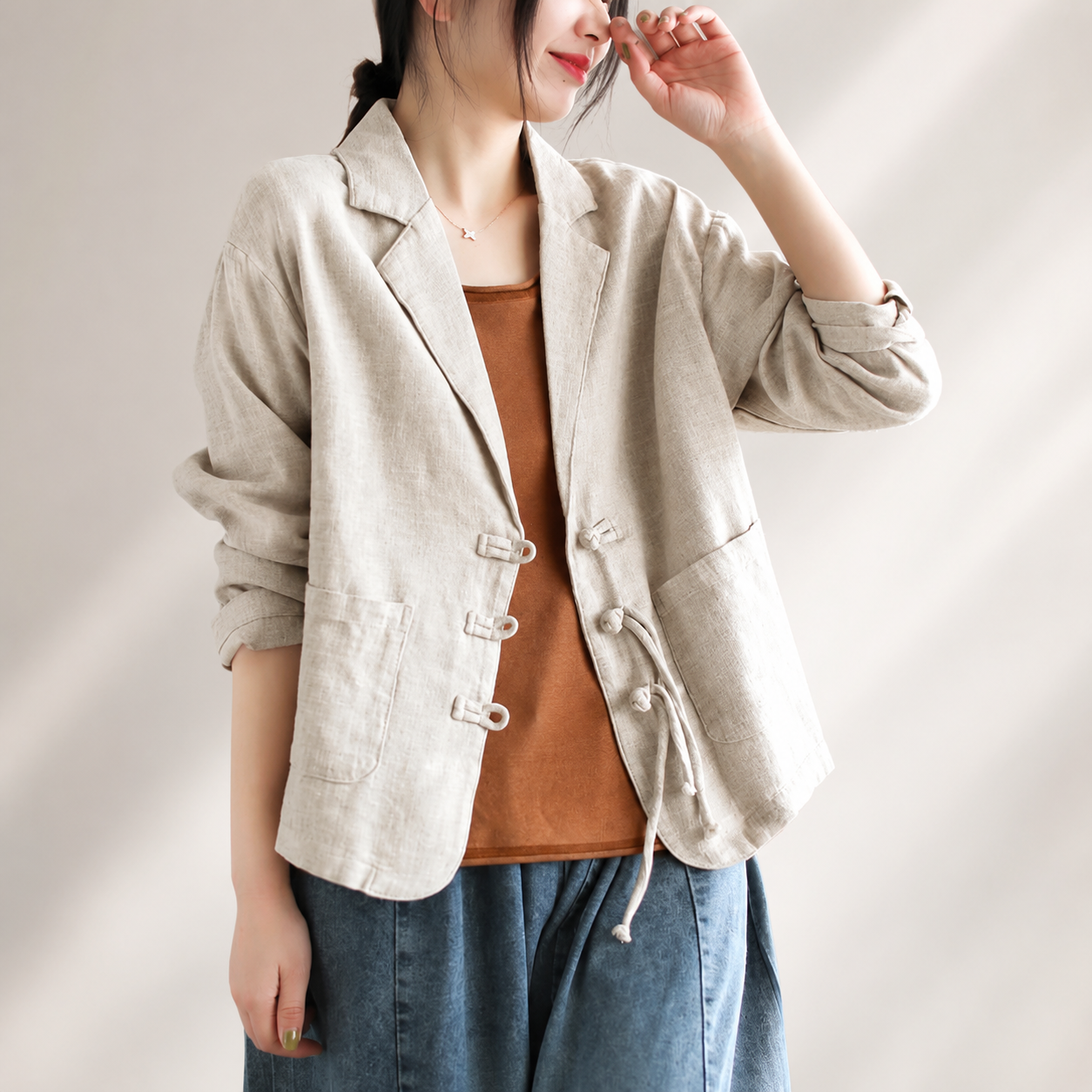 Nova Women’s Linen-Blend Tie-Front Blazer with Pockets