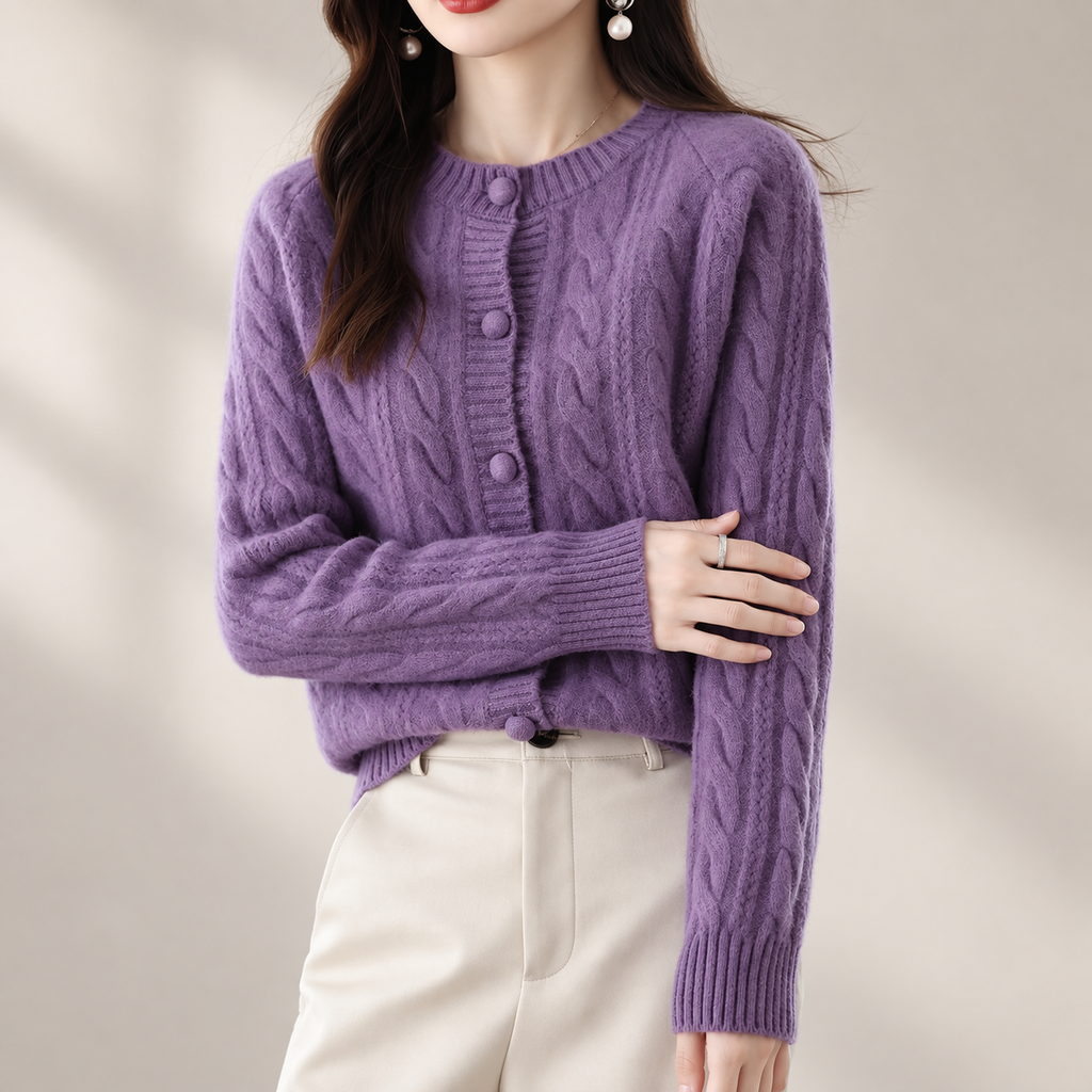Marianne Cable Knit Button Cardigan – Women’s Crew Neck Long Sleeve Sweater