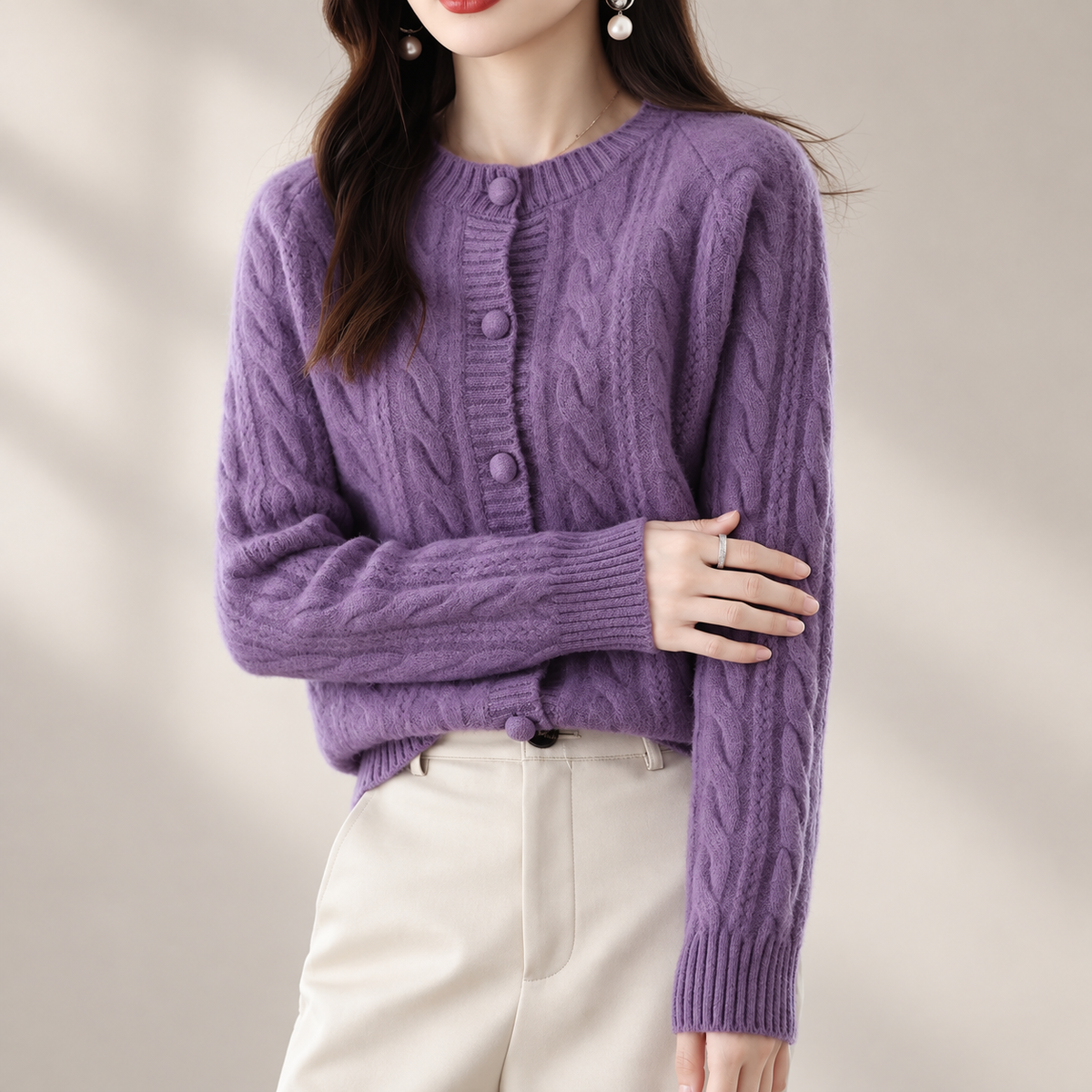 Marianne Cable Knit Button Cardigan – Women’s Crew Neck Long Sleeve Sweater