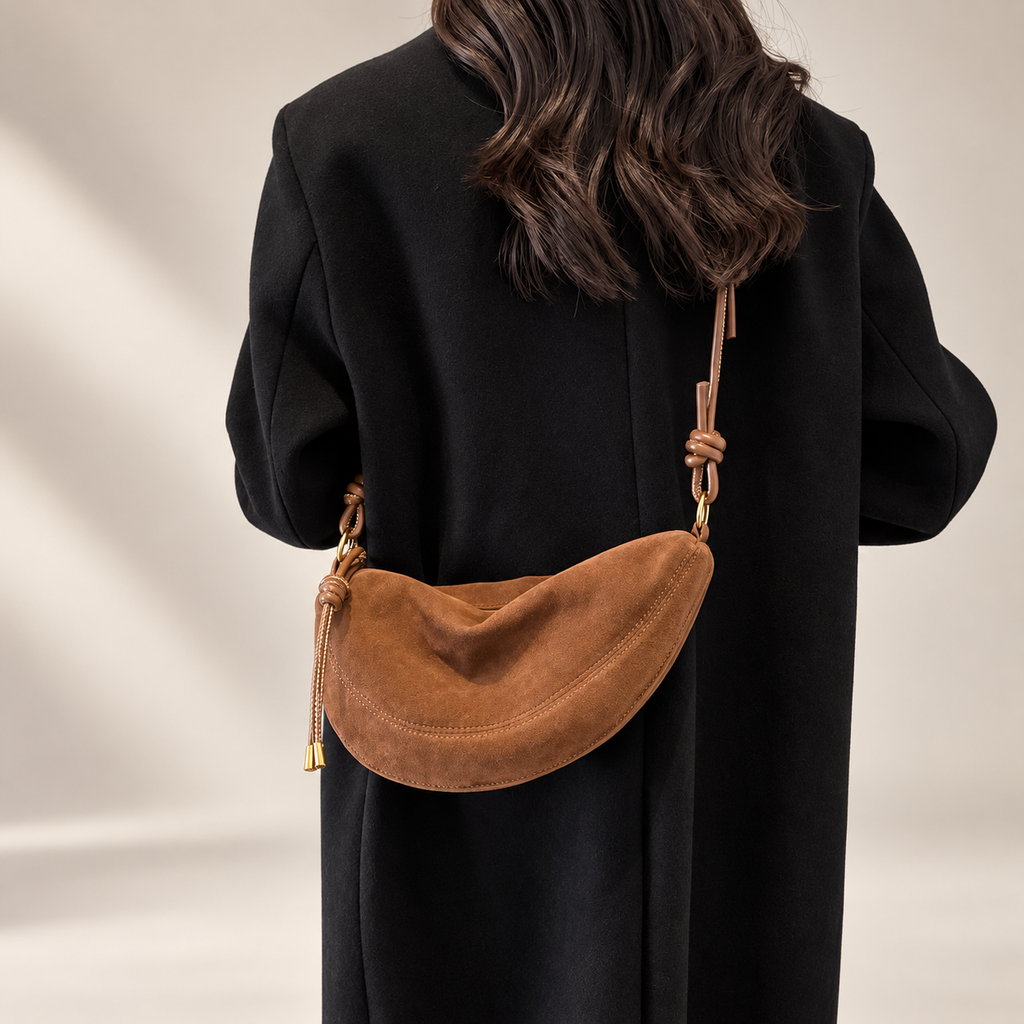 Elodie Crescent Suede-Look Crossbody Bag with Knotted Strap