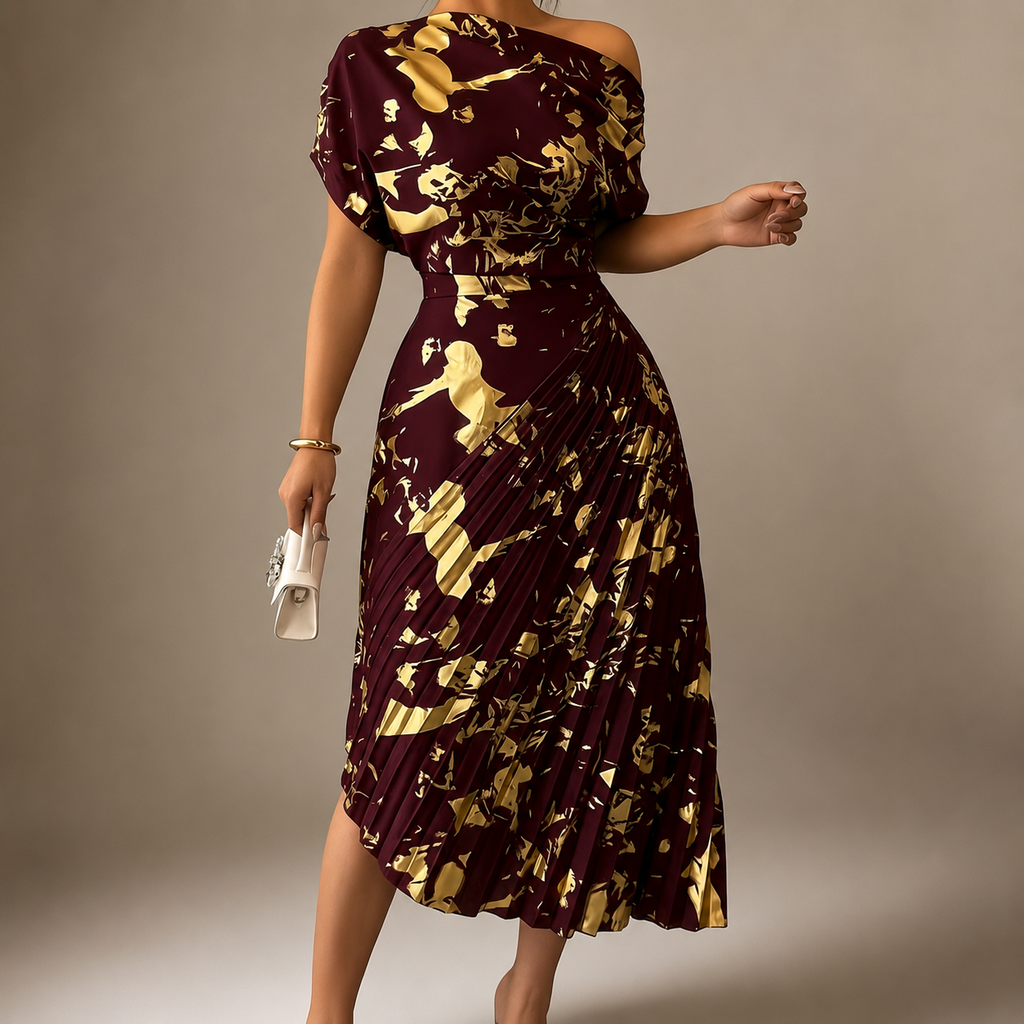 Natalie’s One-Shoulder Metallic Print Pleated Dress
