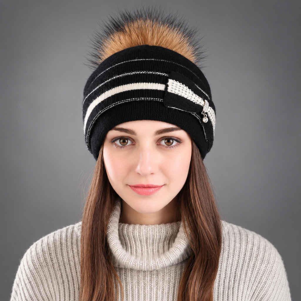 Aurelia Bow Detail Pom-Pom Beanie – Rhinestone Accent Striped Knit Winter Hat