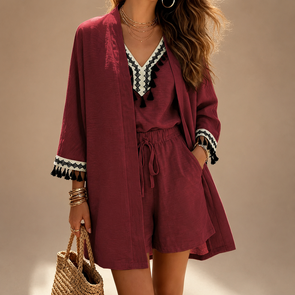 Sienna Women’s 3-Piece Tassel Trim Shorts Set