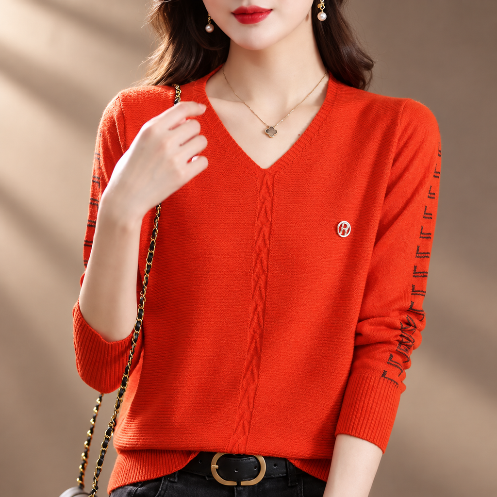 Renata Women’s V-Neck Knit Sweater – Long Sleeve Textured Pullover