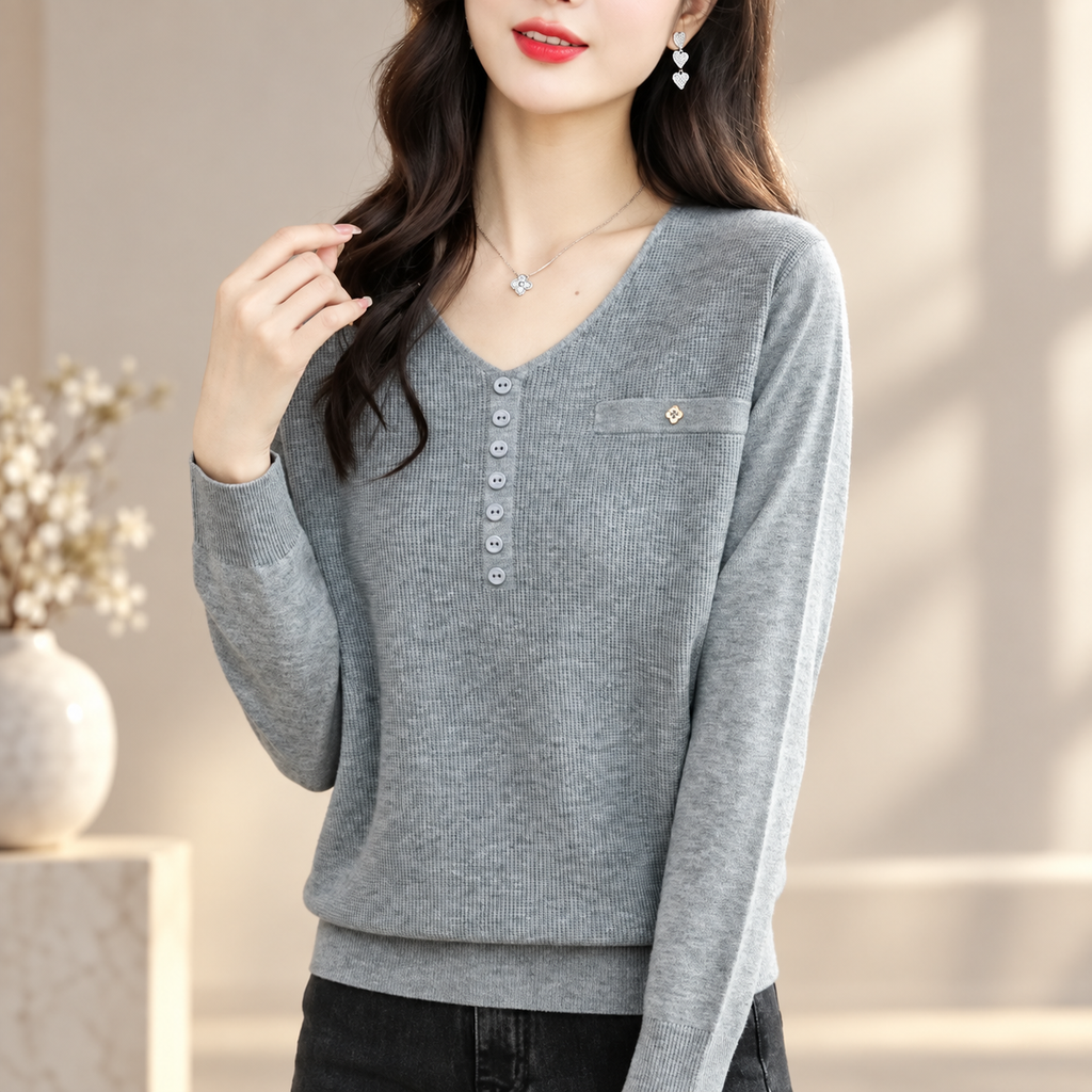 Marina Women’s V-Neck Button Detail Knit Sweater – Long Sleeve Pullover Top