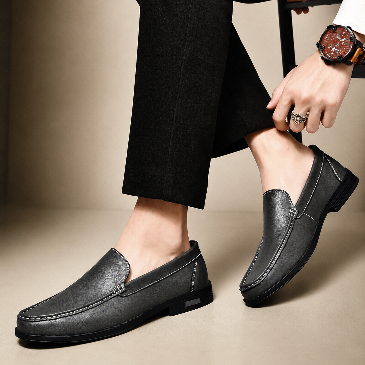 Hudson Men’s Genuine Leather Slip-On Loafers with Cushioned Insole