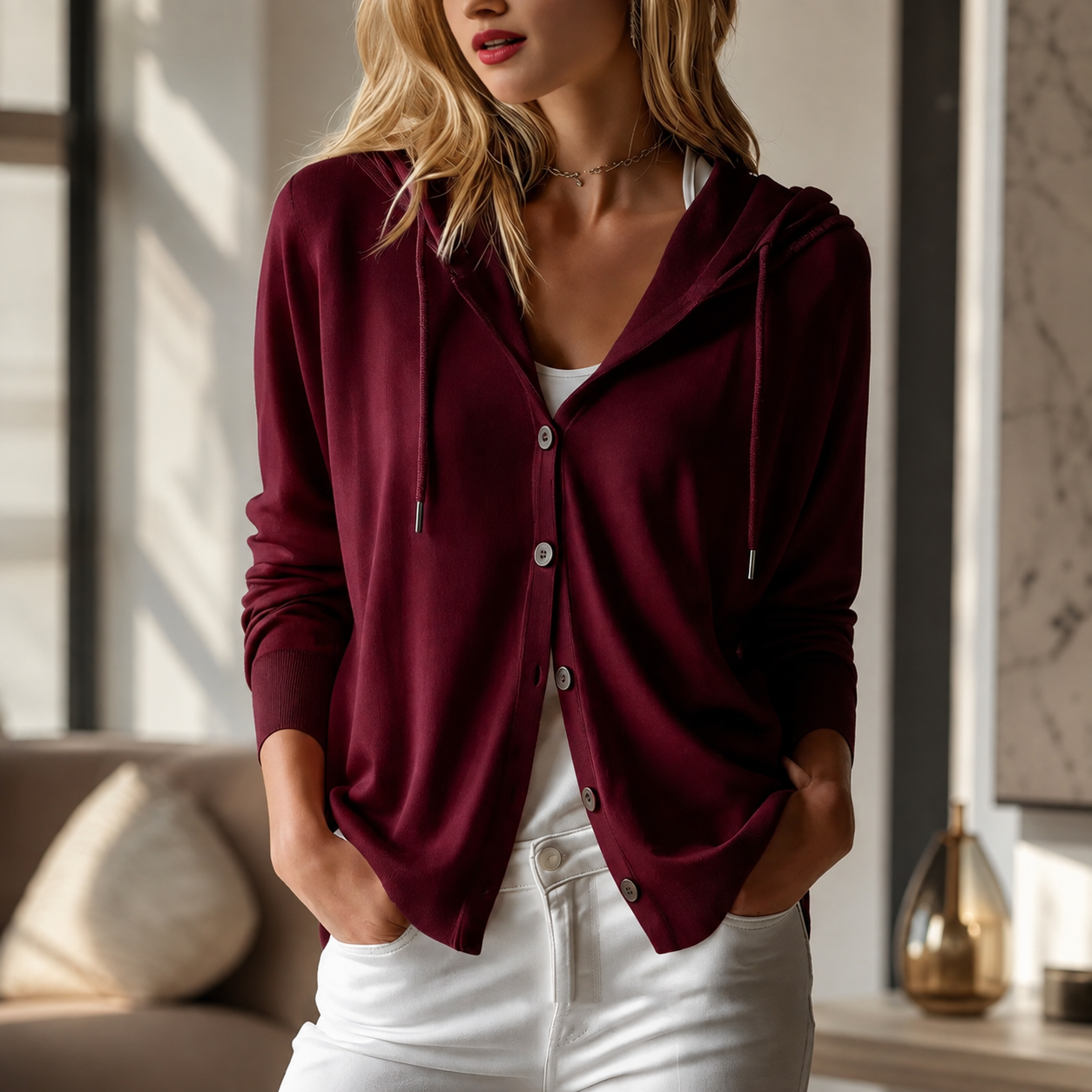 Kennedy Women’s Button-Front Hooded Cardigan