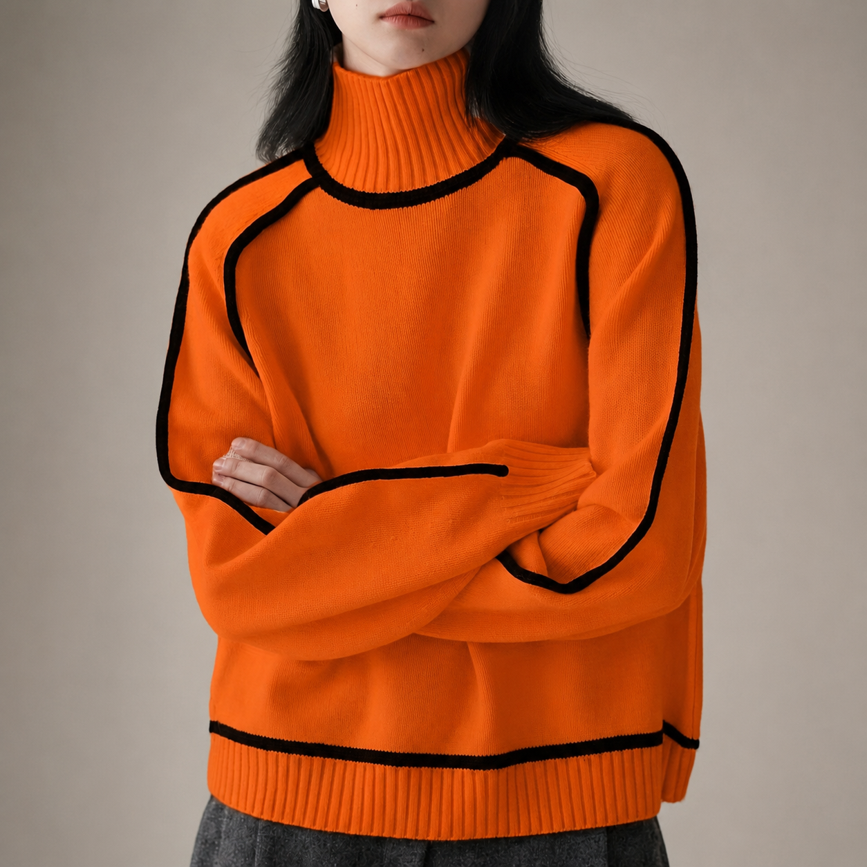 Hazel Women’s Relaxed Contrast-Trim Knit Pullover Sweater