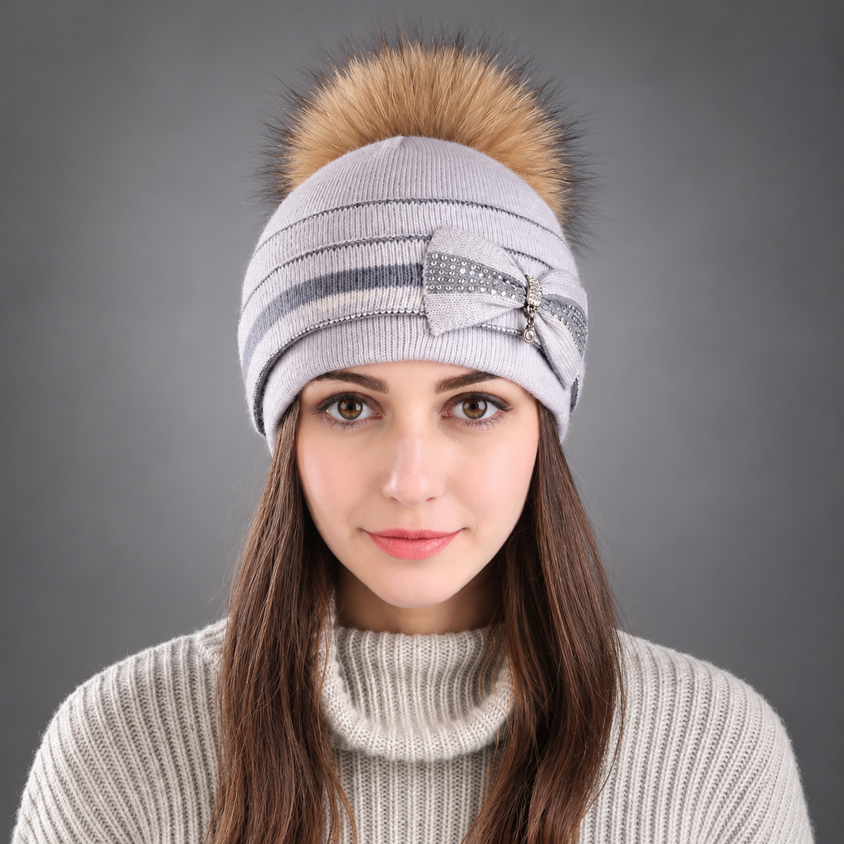Aurelia Bow Detail Pom-Pom Beanie – Rhinestone Accent Striped Knit Winter Hat