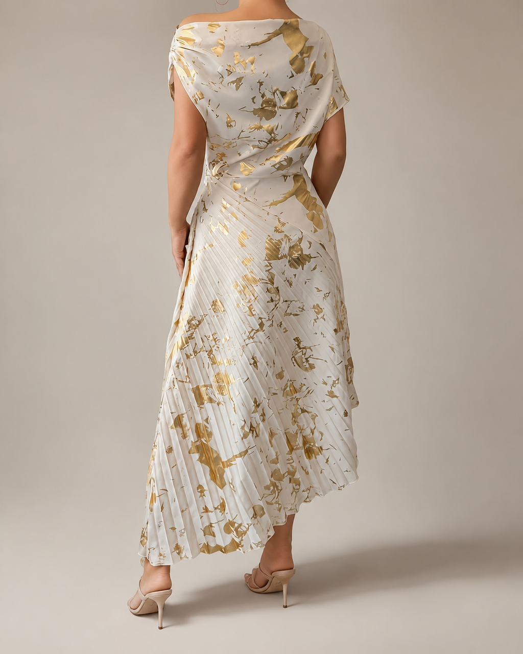 Natalie’s One-Shoulder Metallic Print Pleated Dress