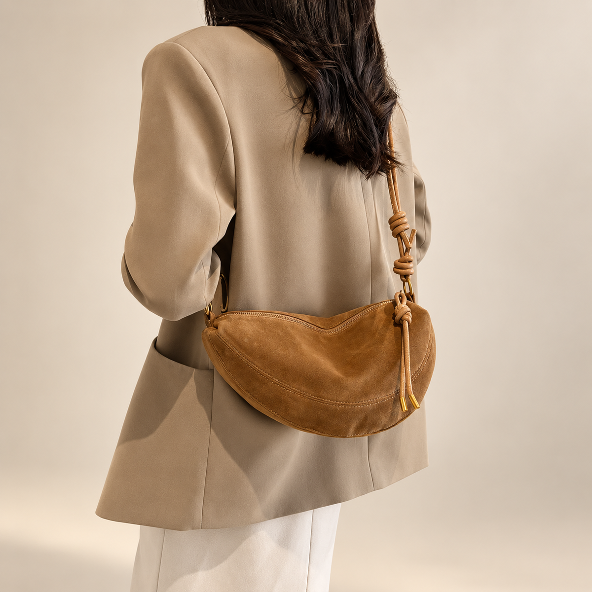 Elodie Crescent Suede-Look Crossbody Bag with Knotted Strap