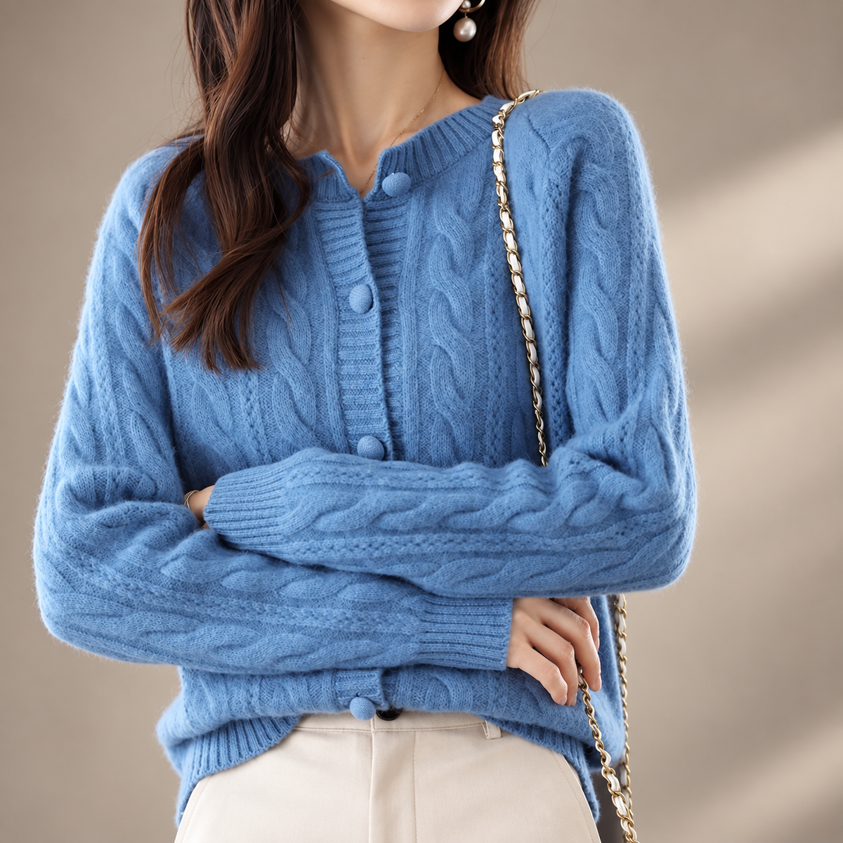 Marianne Cable Knit Button Cardigan – Women’s Crew Neck Long Sleeve Sweater