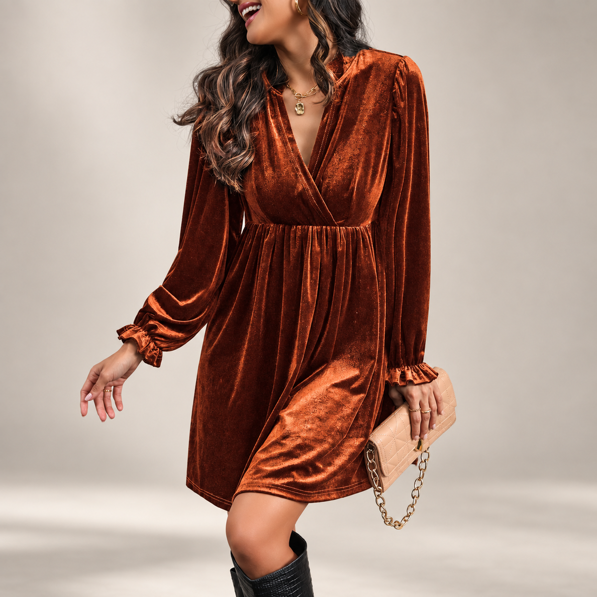 Camille Velvet Surplice V-Neck Long Sleeve Mini Dress