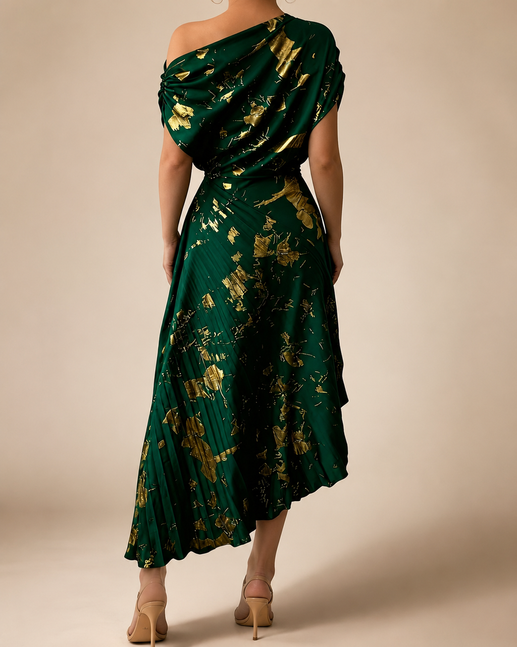 Natalie’s One-Shoulder Metallic Print Pleated Dress
