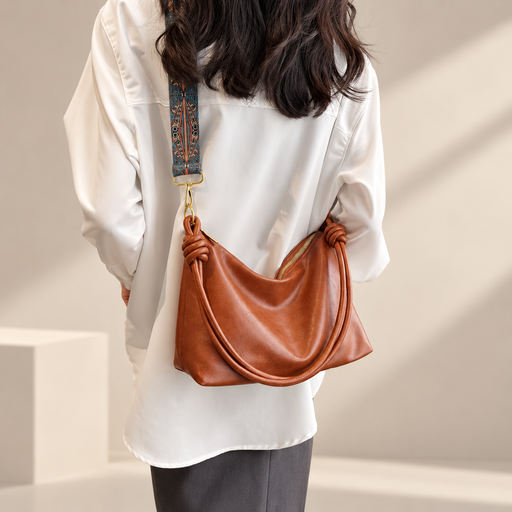 Rosalie Soft Hobo Shoulder Bag with Knotted Handles and Printed Strap