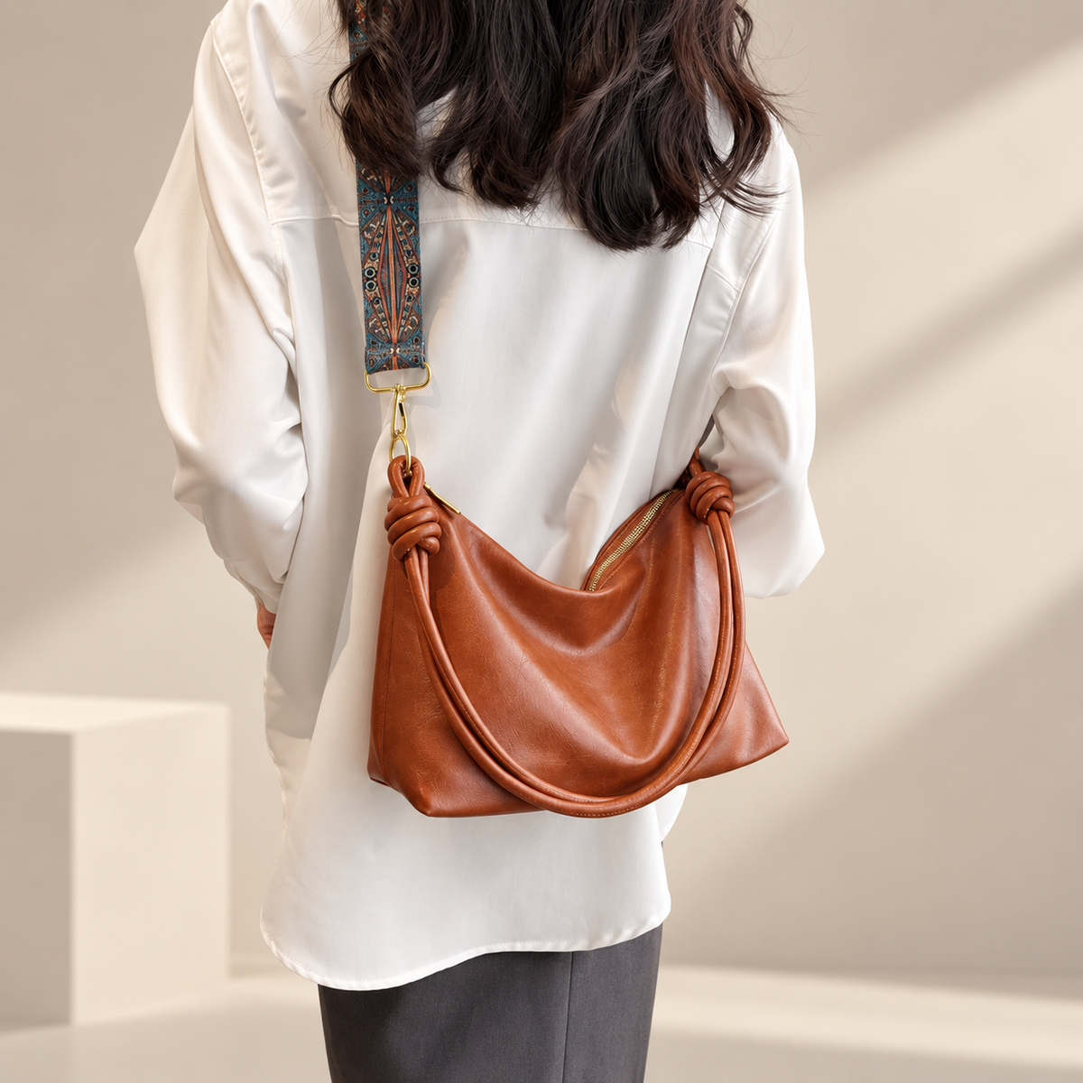 Rosalie Soft Hobo Shoulder Bag with Knotted Handles and Printed Strap