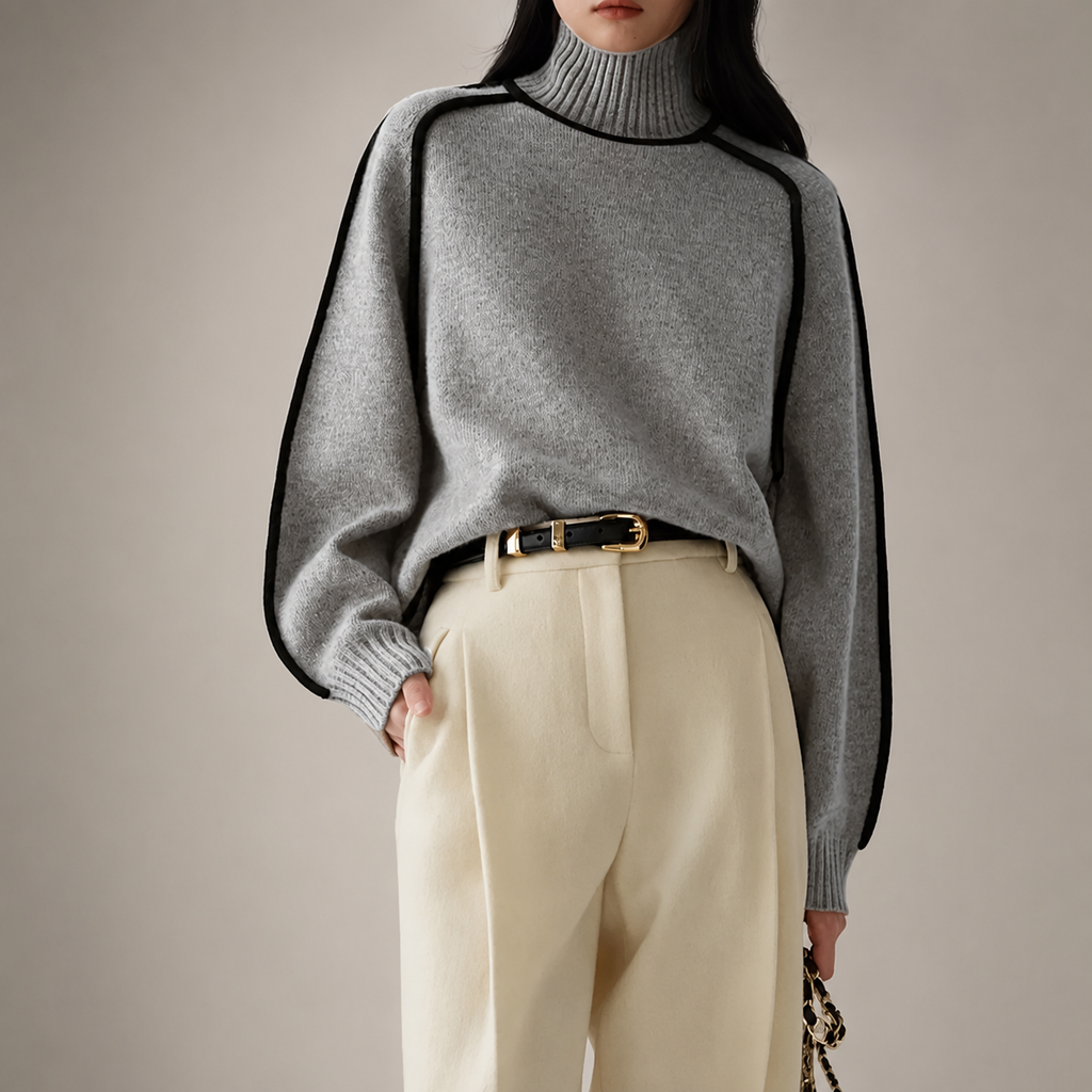 Hazel Women’s Relaxed Contrast-Trim Knit Pullover Sweater