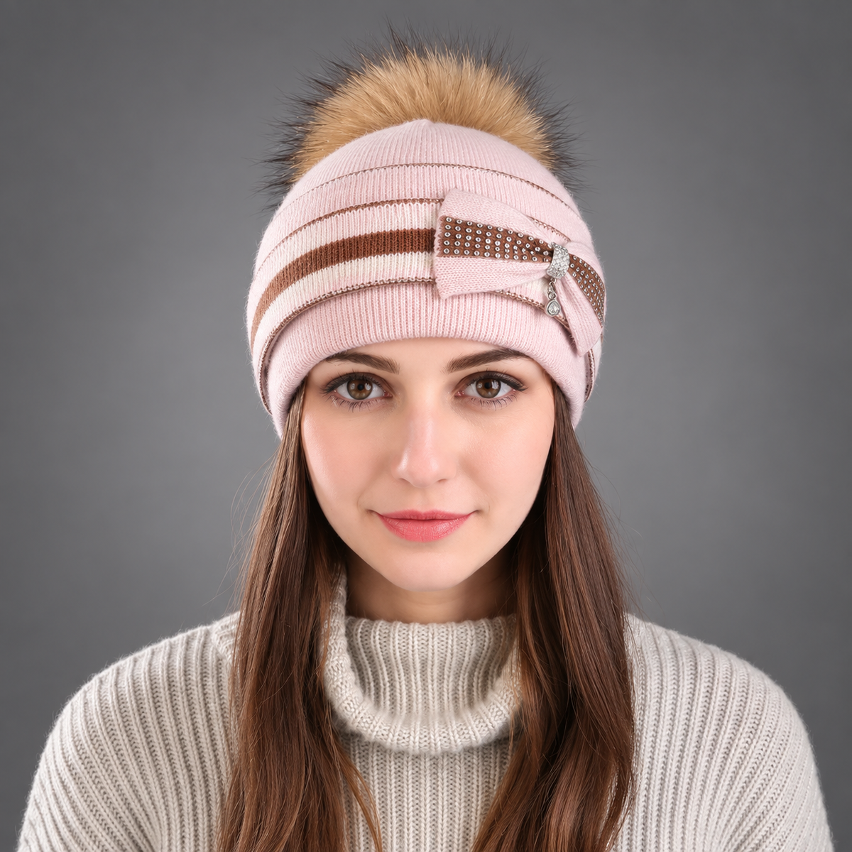 Aurelia Bow Detail Pom-Pom Beanie – Rhinestone Accent Striped Knit Winter Hat