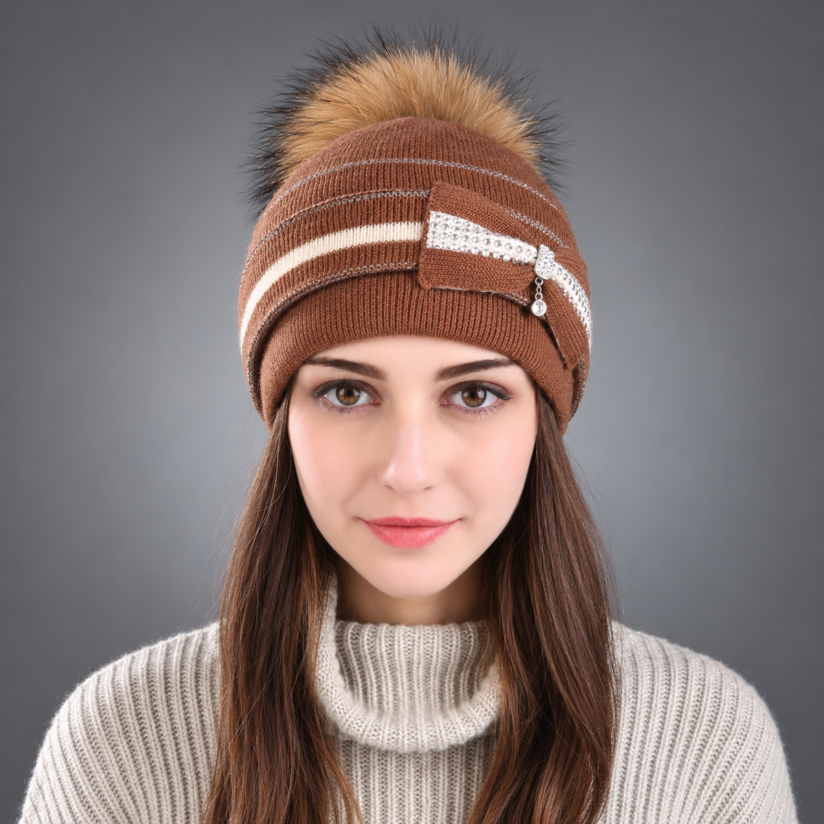 Aurelia Bow Detail Pom-Pom Beanie – Rhinestone Accent Striped Knit Winter Hat