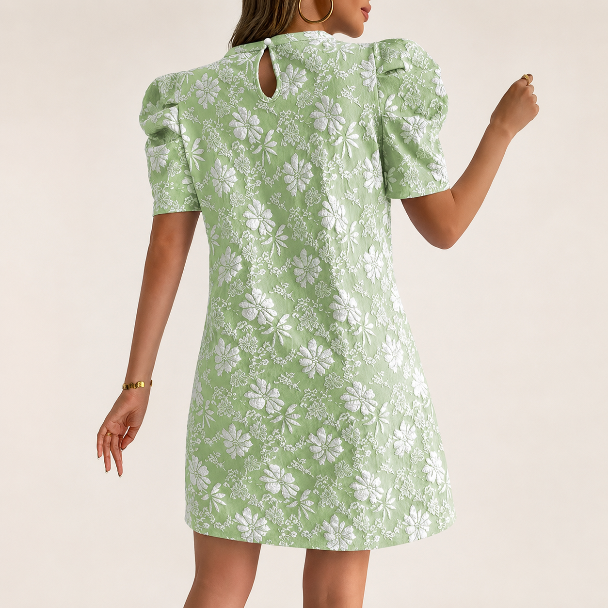 Vivian's Textured Floral Puff Sleeve Mini Dress