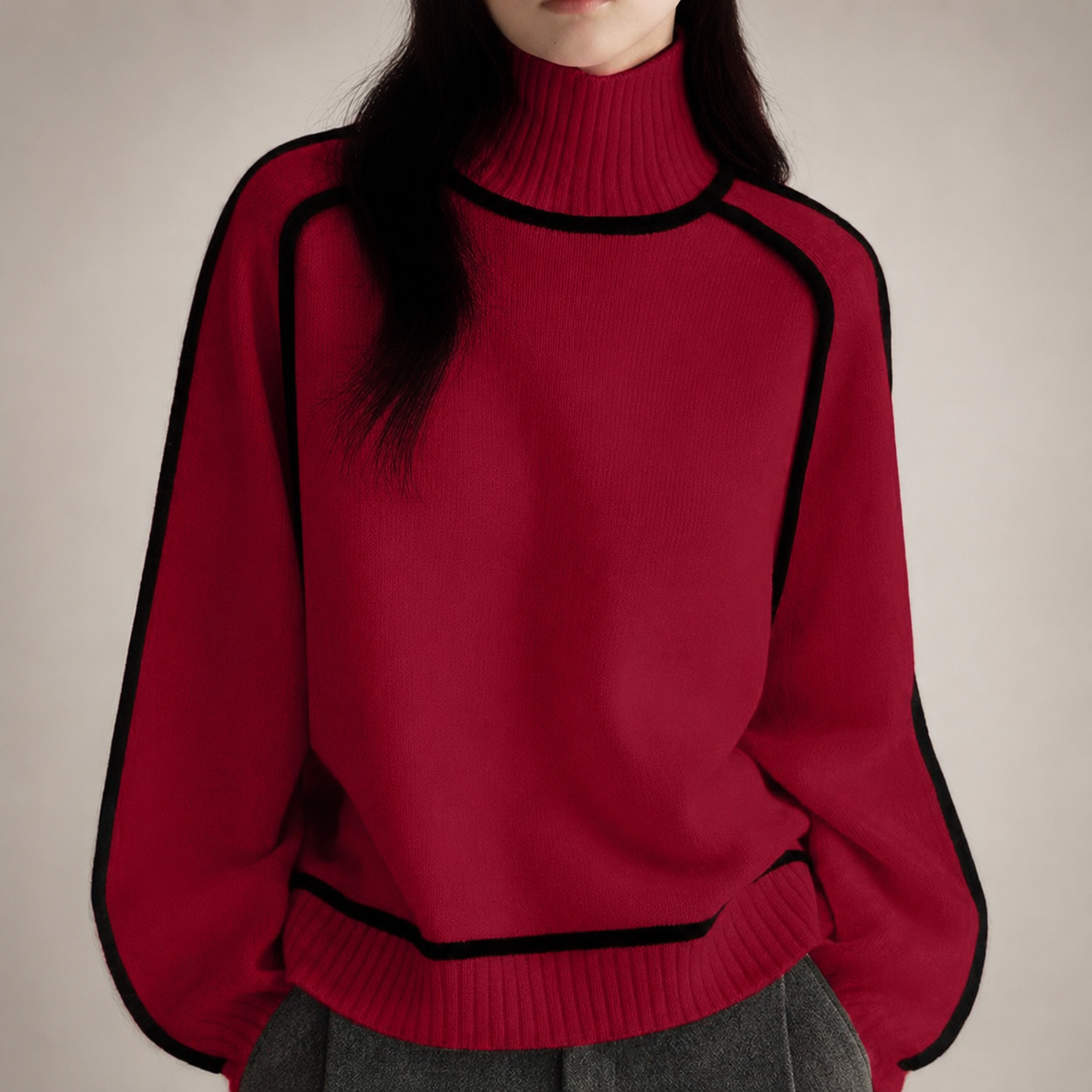 Hazel Women’s Relaxed Contrast-Trim Knit Pullover Sweater
