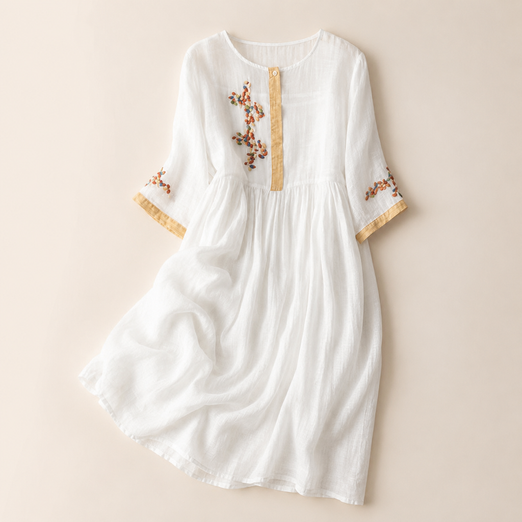 Lena's Linen-Blend Embroidered Midi Dress with Flared Sleeves