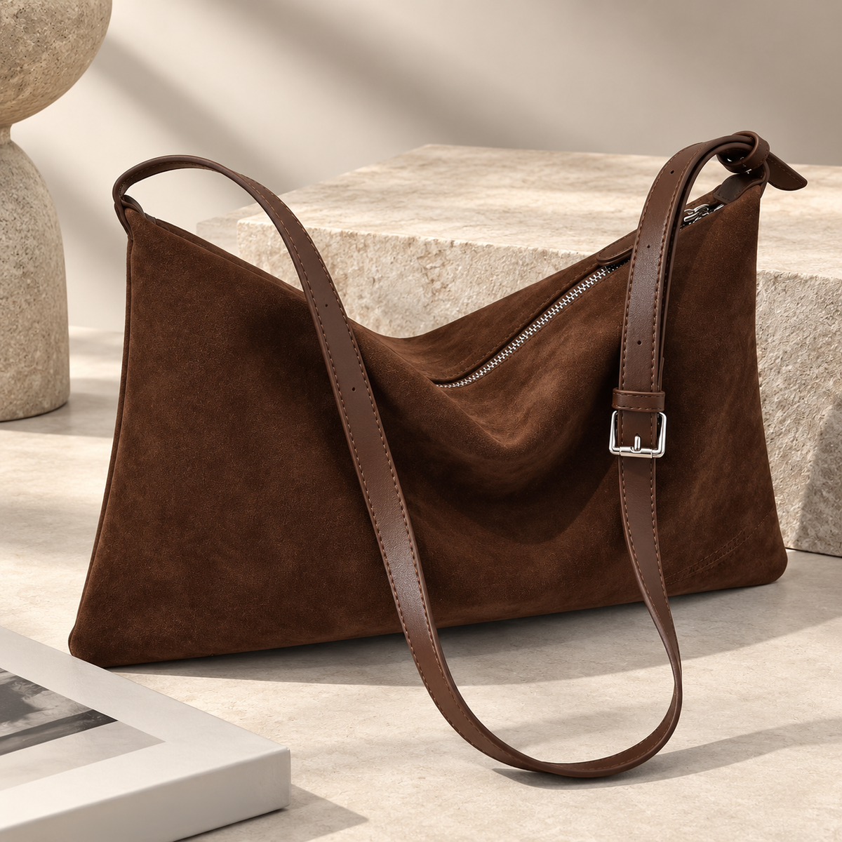 Beatrice Suede-Look East-West Shoulder Bag with Adjustable Strap