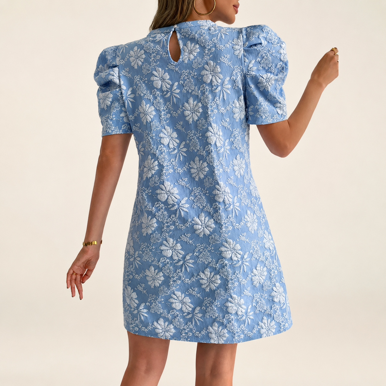 Vivian's Textured Floral Puff Sleeve Mini Dress