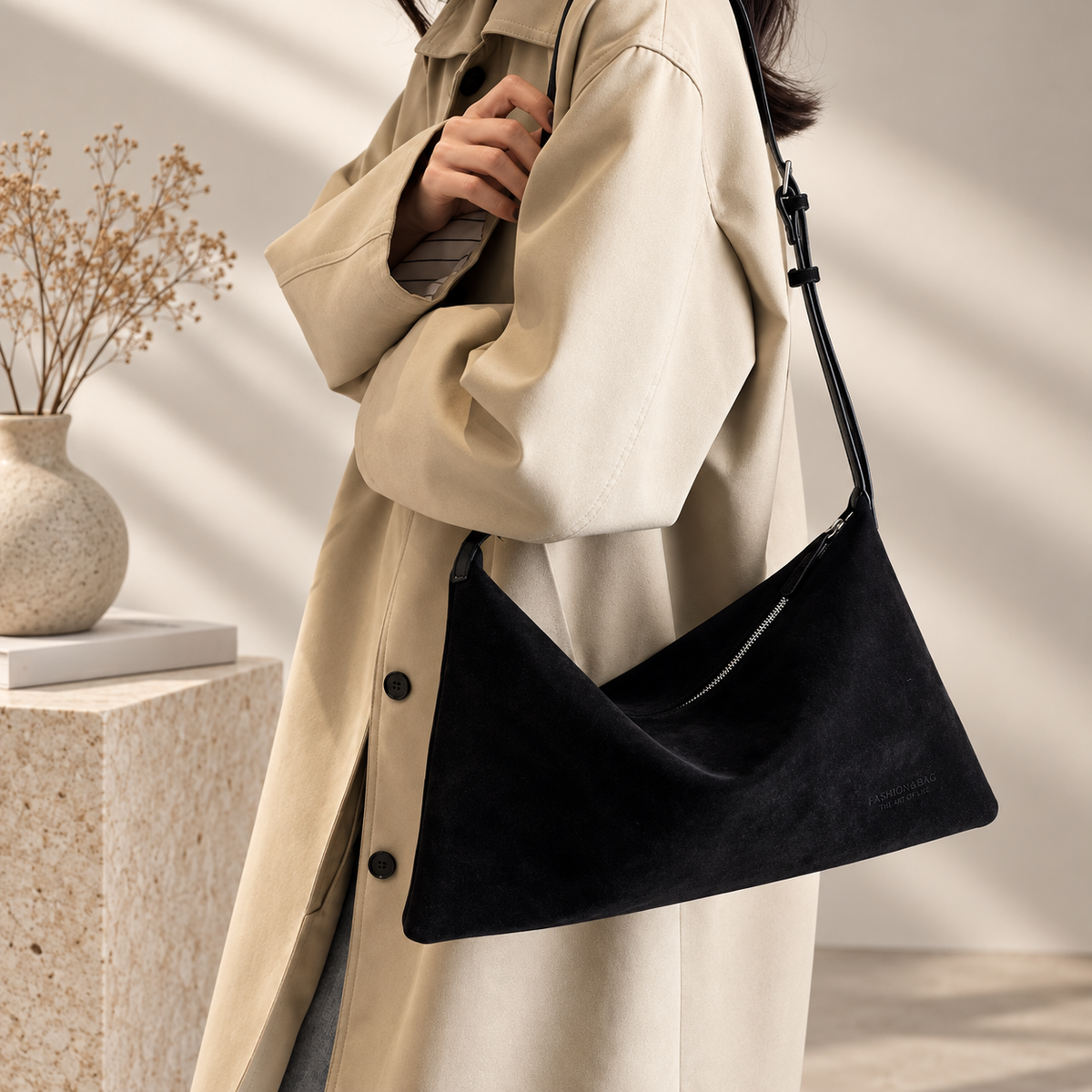 Beatrice Suede-Look East-West Shoulder Bag with Adjustable Strap