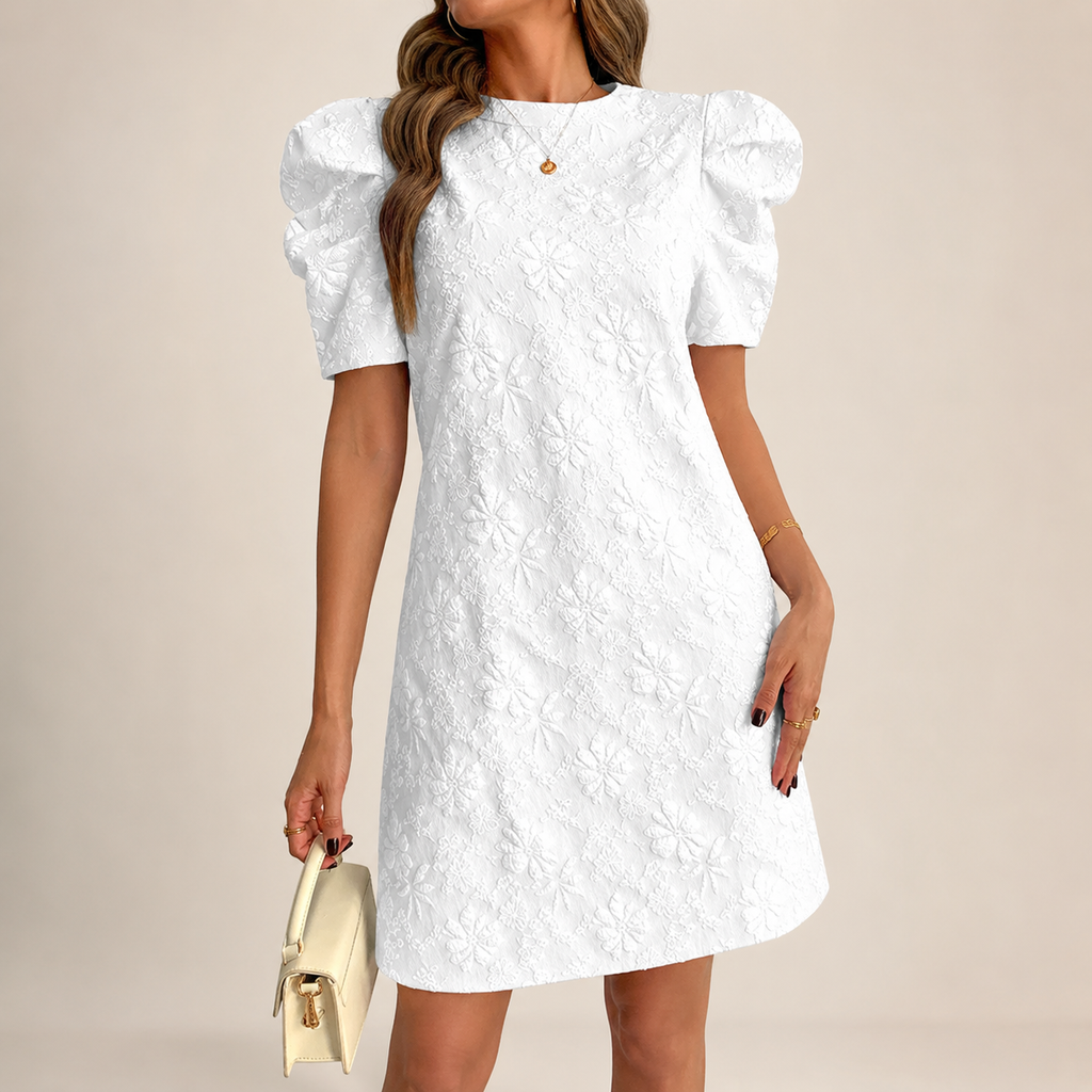 Vivian's Textured Floral Puff Sleeve Mini Dress