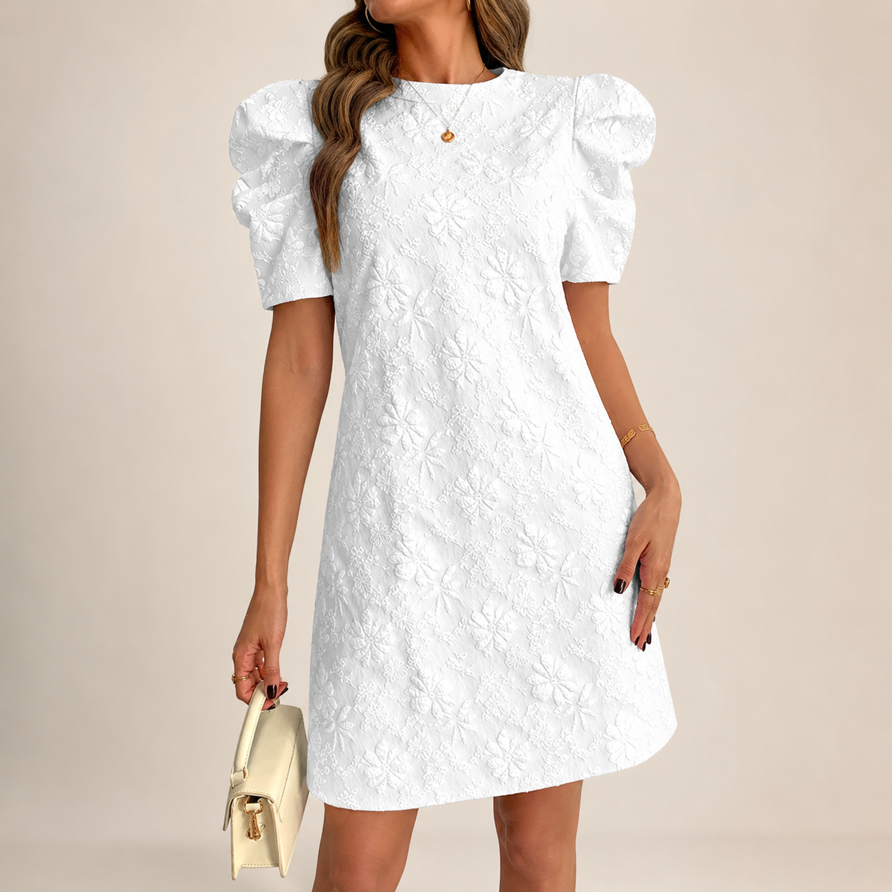 Vivian's Textured Floral Puff Sleeve Mini Dress