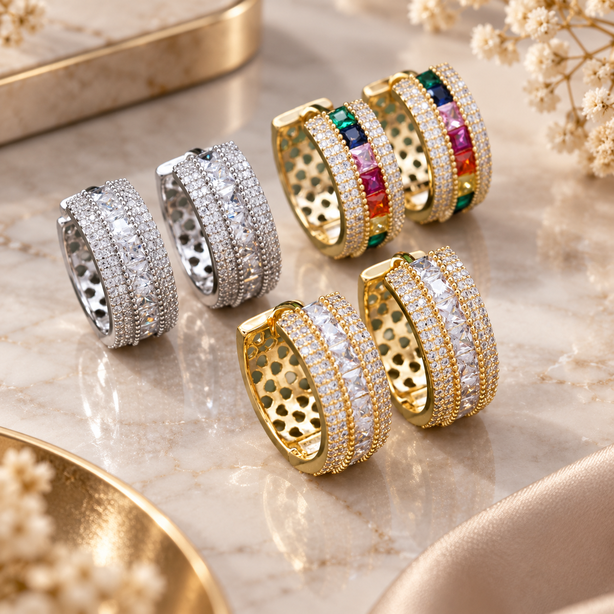 Alessandra Crystal Wide Hoop Earrings – Multicolor or Clear Stone Statement Earrings