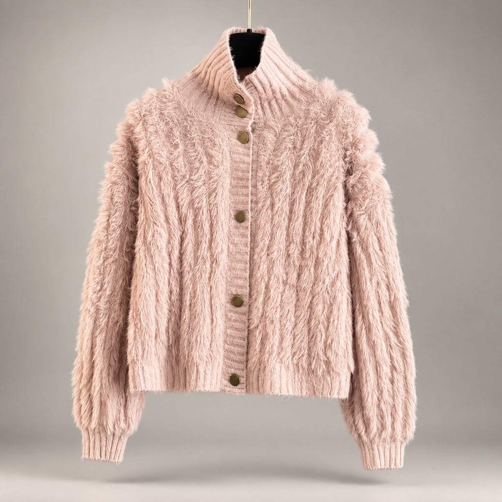 Elodie Women's Fuzzy Textured Knit Button-Front Cardigan with Stand Collar