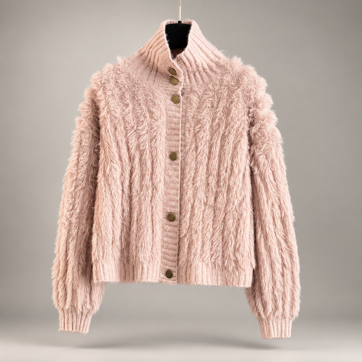 Elodie Women's Fuzzy Textured Knit Button-Front Cardigan with Stand Collar