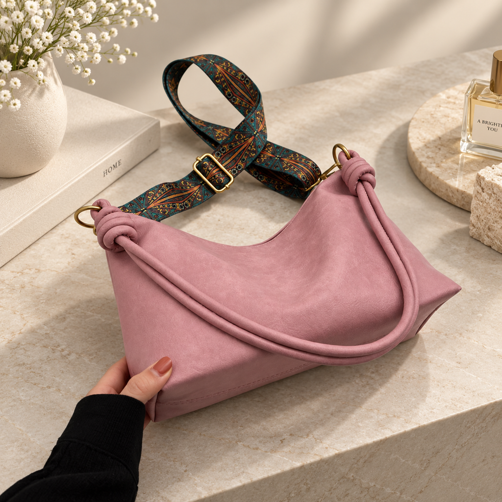 Rosalie Soft Hobo Shoulder Bag with Knotted Handles and Printed Strap