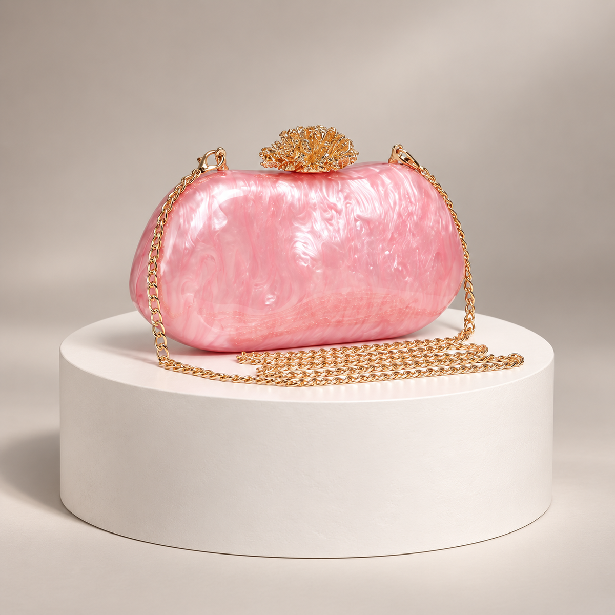 Alessia Pearl-Effect Evening Clutch with Gold Floral Clasp & Chain Strap