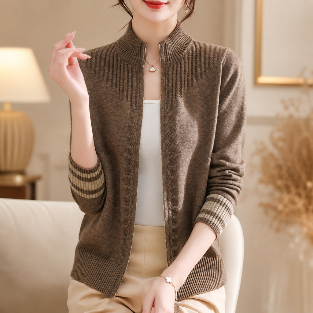 Rosalie Women’s Zip-Up Knit Cardigan with Ribbed Collar