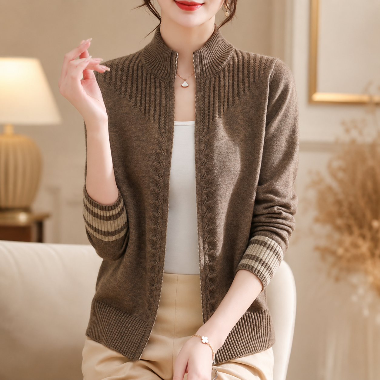 Rosalie Women’s Zip-Up Knit Cardigan with Ribbed Collar