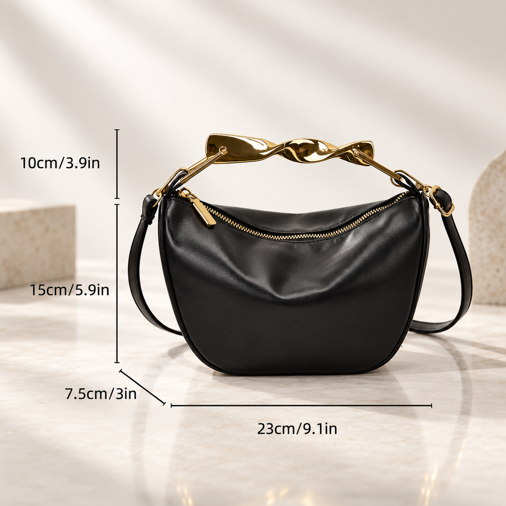 Genevieve Crescent Shoulder Bag – Sculpted Gold-Tone Handle Crossbody Handbag