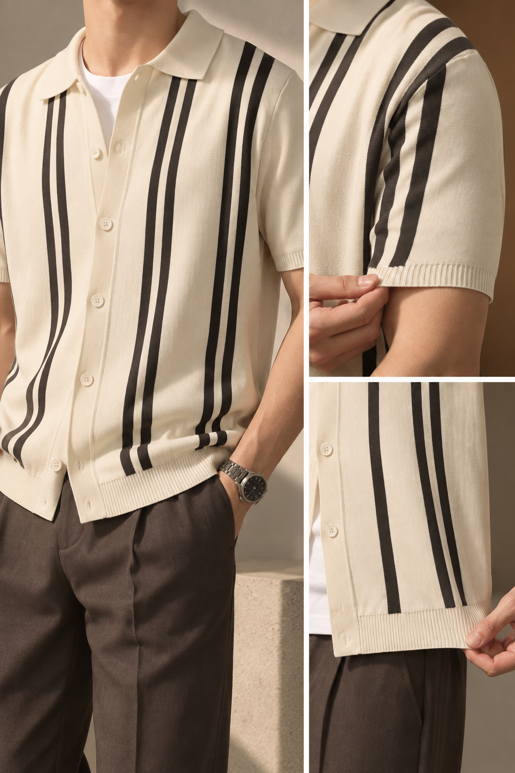 Étienne Men’s Striped Knit Polo Cardigan – Short Sleeve Button-Front Shirt