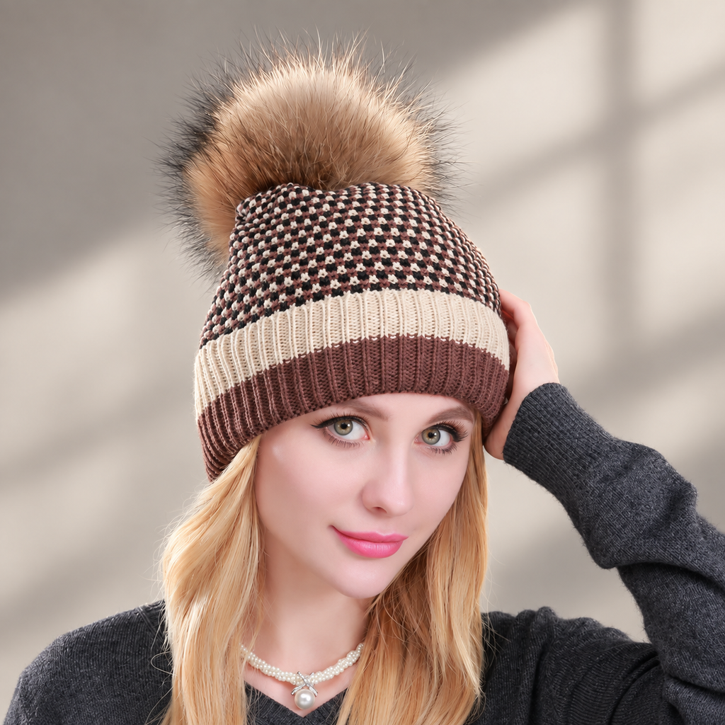 Marcella Patterned Knit Pom-Pom Beanie – Ribbed Cuff Winter Hat