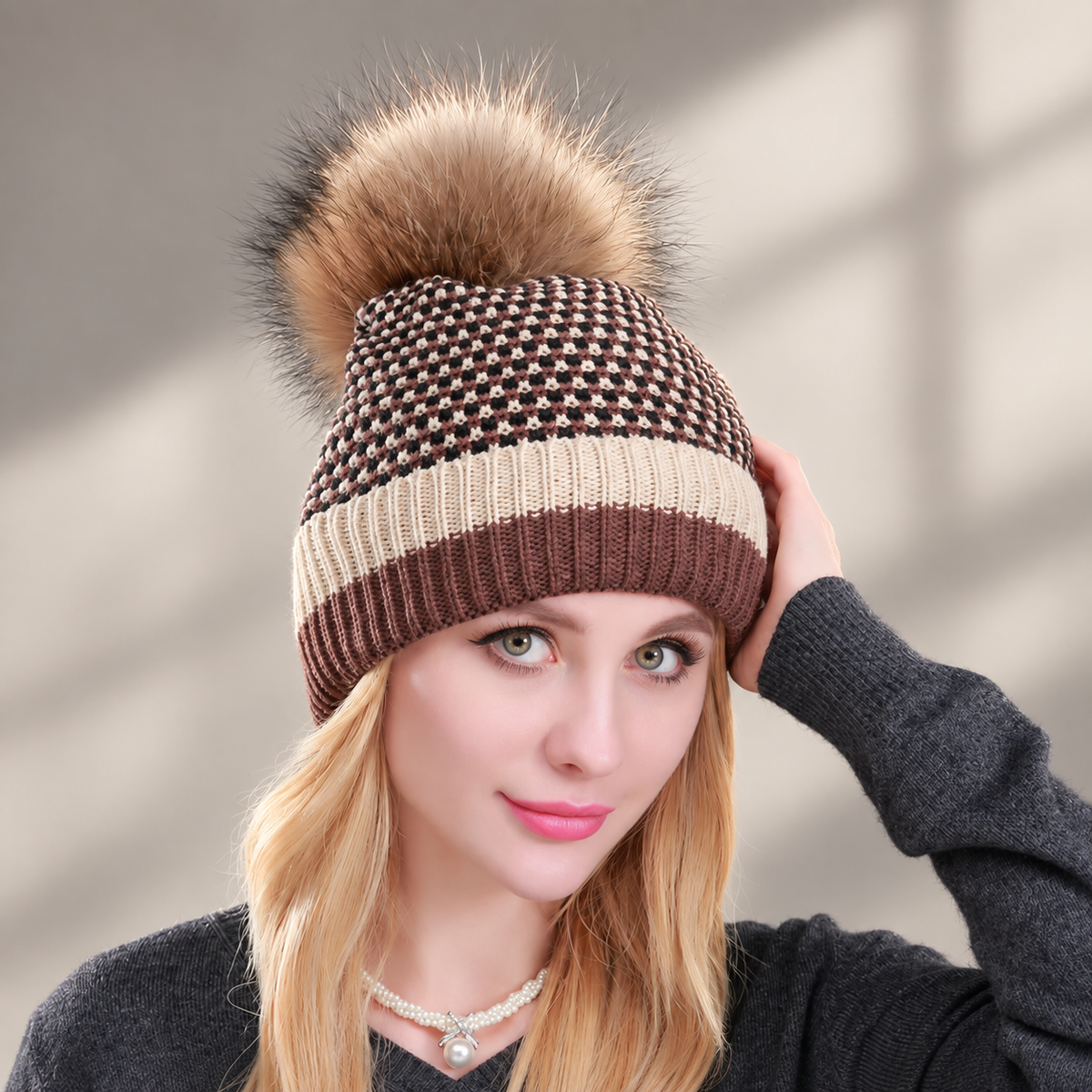 Marcella Patterned Knit Pom-Pom Beanie – Ribbed Cuff Winter Hat